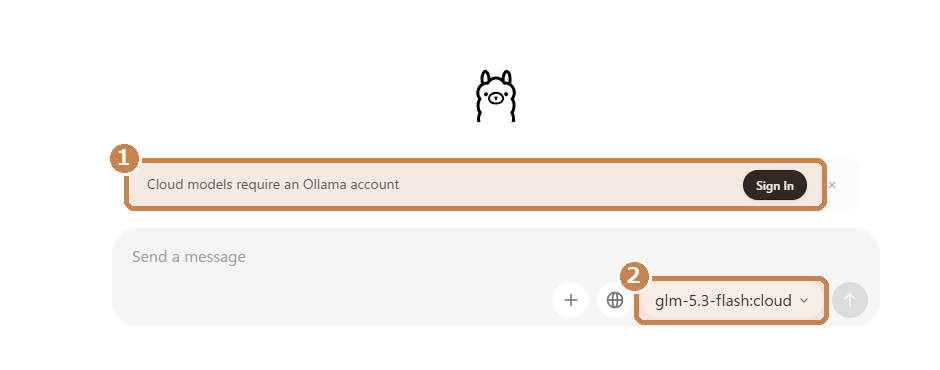 Chat の画面。枠①は「クラウドのモデルにはアカウントが必要」という案内。枠②を押してモデルを替える